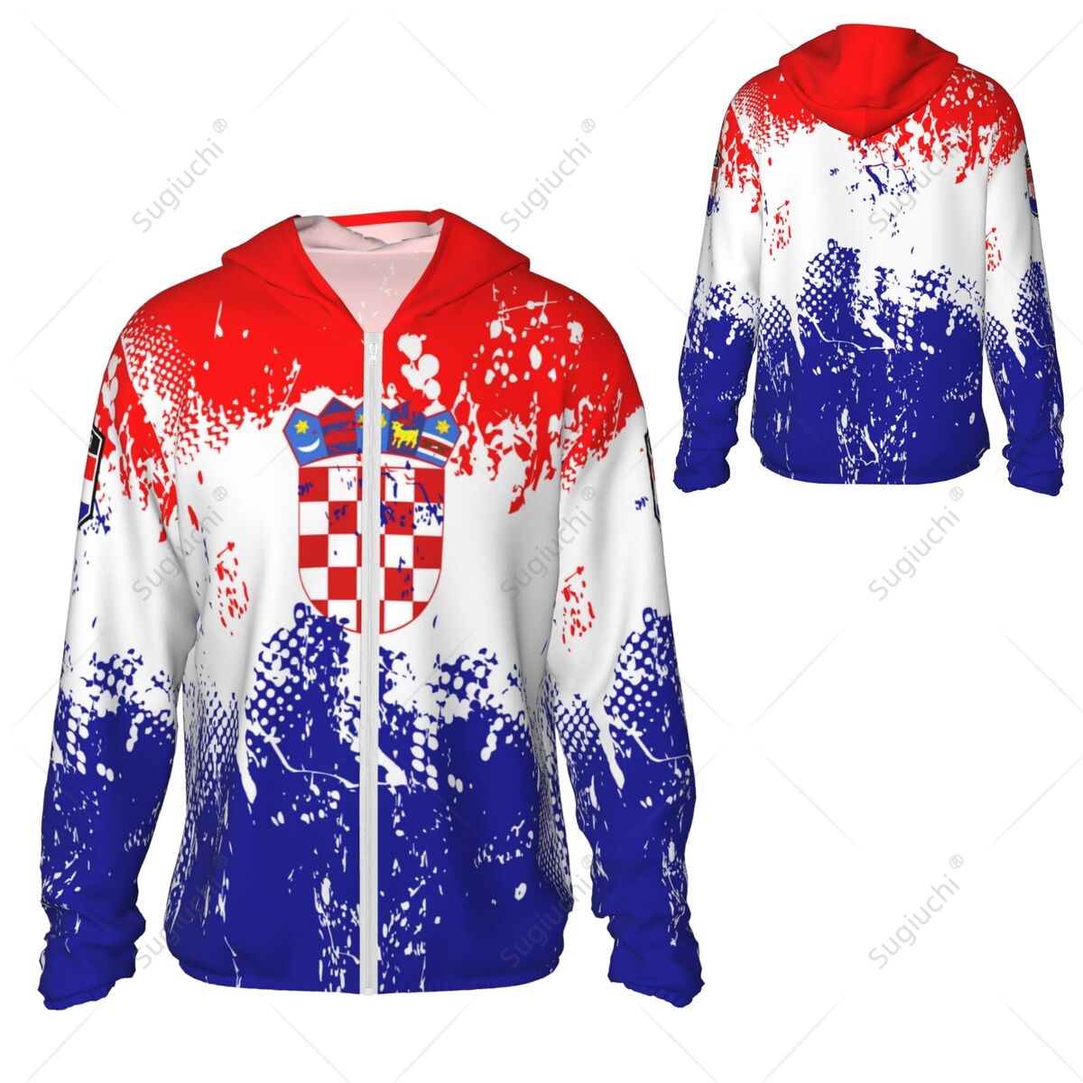 Fishing Hoodie - クロアチア国旗日焼け止めパーカー日焼け止め服釣りサイクリングランニング速乾性長袖ジッパー付きポリエステル