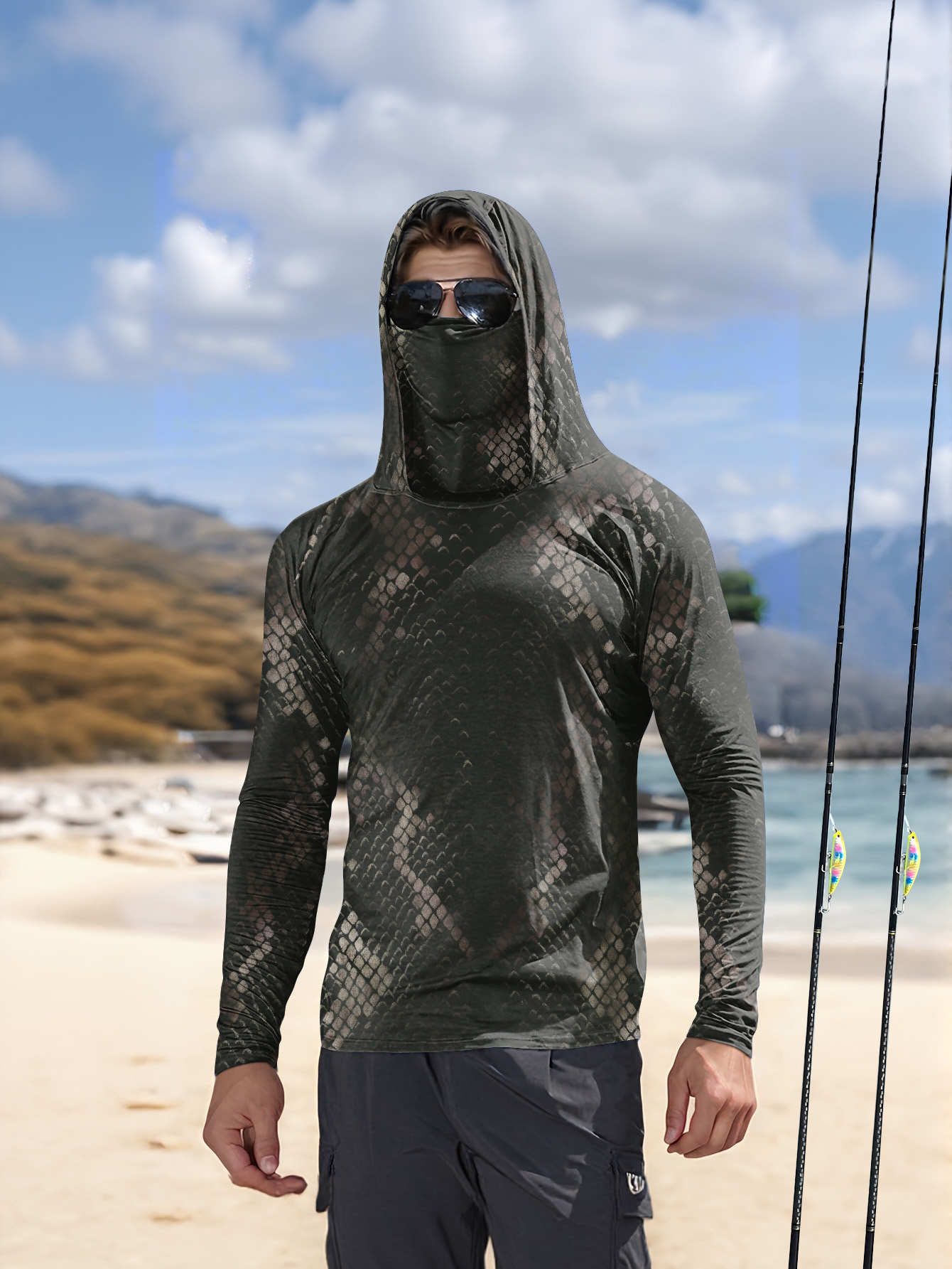 Fishing Shirt Uv Protection - メンズフィッシングフード付き長袖迷彩柄日焼け止め通気性UVカット軽量吸汗速乾フィッシングシャツ