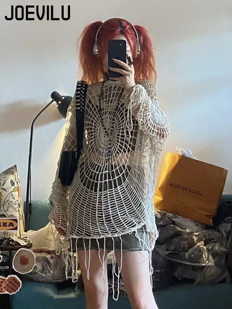 Fishing Hoodie - Jogevilu-女性の中空ニットフード付きトップス、ゴシックスパイダーウェブセーター、女性の韓国のファッション、フィッシングネットブラウス、ババメッシュ