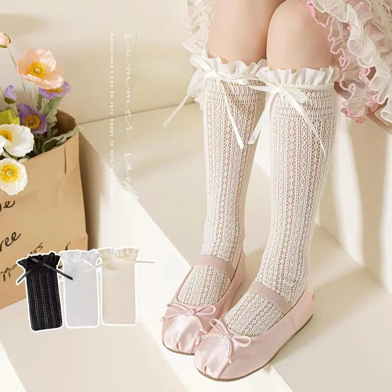 Fishing Socks - 女の子ロングチューブレースストッキング甘い弓柄メッシュ靴下女の赤ちゃんバレエ漁網フリル靴下ロリータレギンス