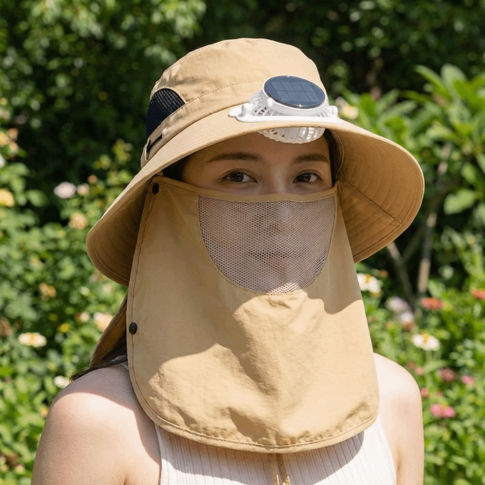 Fishing Hat - ポータブルソーラー充電式ファンハット フェイスカバー付き 調節可能 釣り用日よけ帽子 長持ちする1000mA広つばファンハット