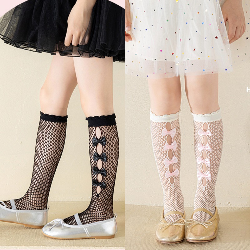 Fishing Socks - ロリータ中空ストッキング 子供用 女の赤ちゃん用 複数のリボンを縫い付ける ナイロン漁網ニーソックス、かわいいメッシュハイストッキング