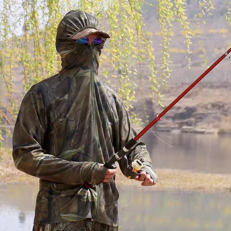 Fishing Hoodie - 夏軽量薄型メンズ日焼け防止魚バイオニック迷彩釣りパーカー弾性通気性ポリエステルスポーツトップ