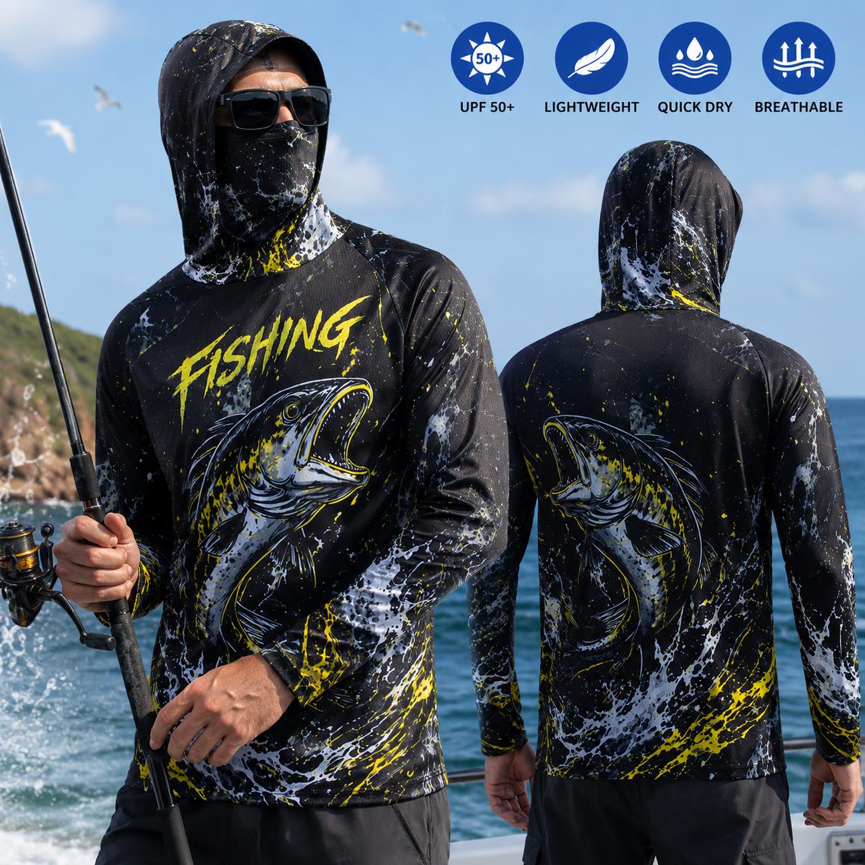 メンズフード付きフィッシングシャツ UPF日焼け止め 通気性 - Fishing Hoodie のレビューと価格