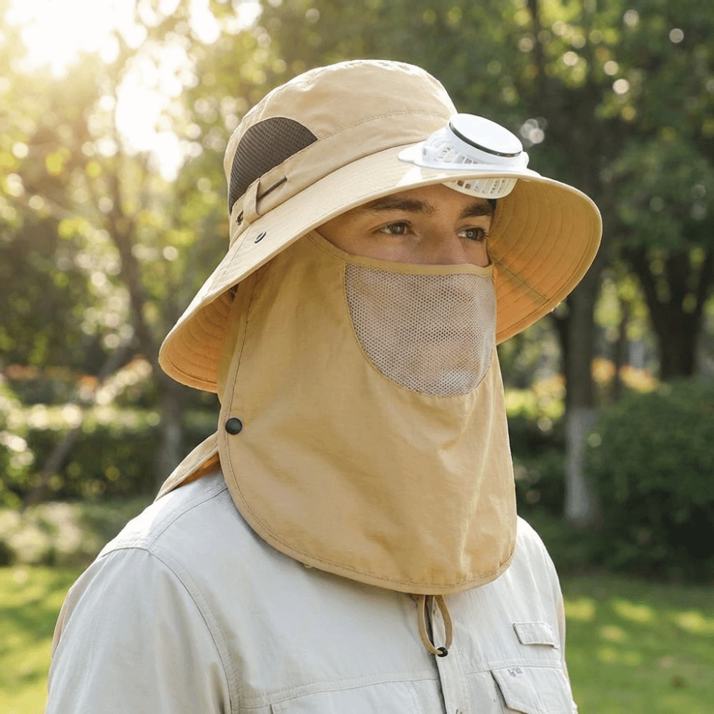 ポータブルソーラー充電式ファンハット フェイスカバー付き 調 - Fishing Hat のレビューと価格